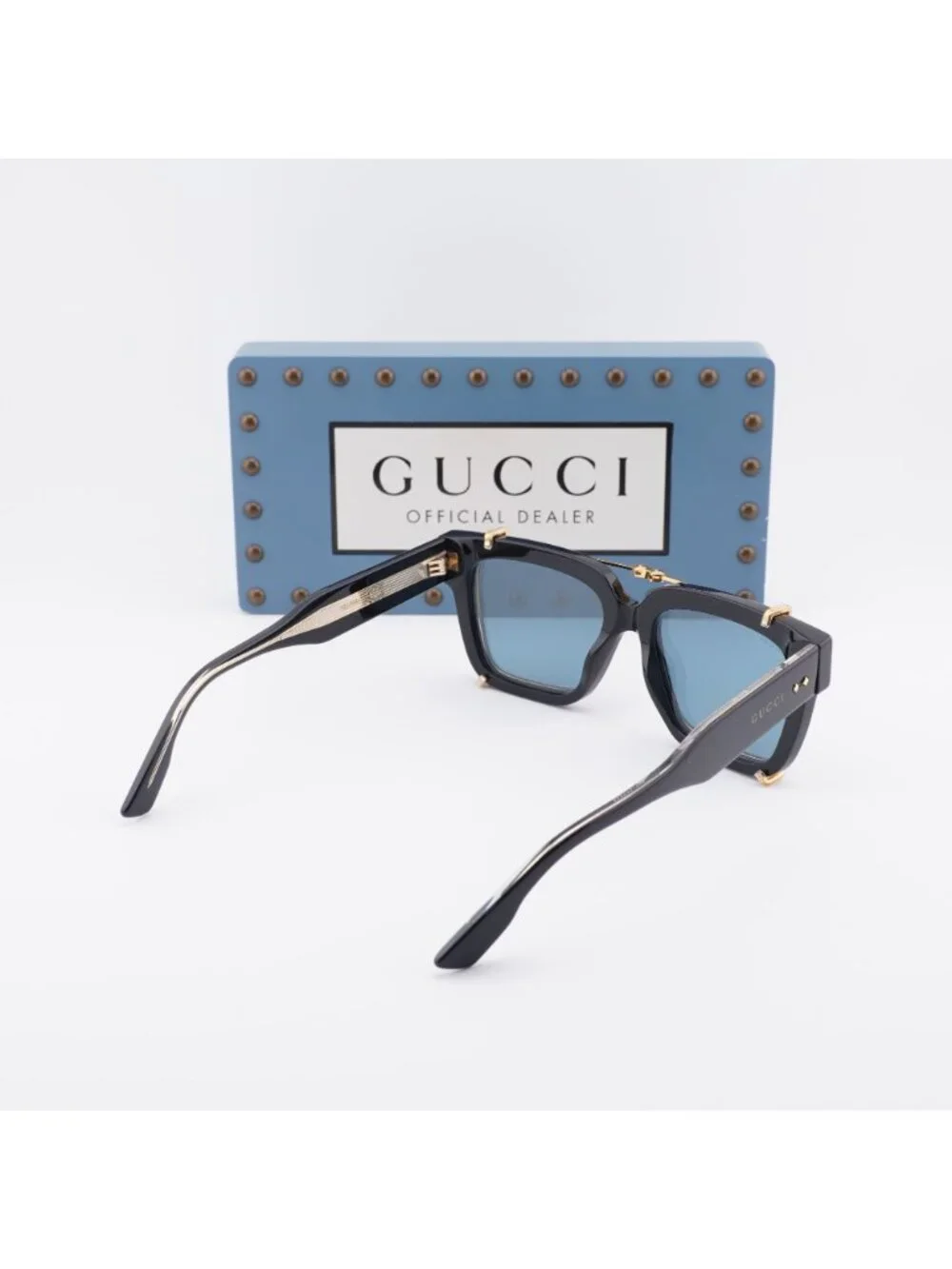 Gucci GG1084S 005 Square Sunglasses - Black / Gold / Light Blue Clip-On